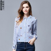 2016秋装新品女装翻领印花上衣 欧洲站时尚长袖条纹衬衫3010261