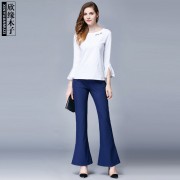 2016秋装新品 纯色松紧裤头喇叭裤女 欧洲站时尚休闲长裤6010228