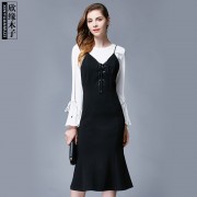 秋装新品 圆领长袖上衣搭配锦棉系带裙 欧洲站时尚裙套装3010279