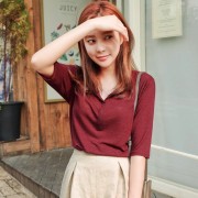 2016韩版女士休闲纯棉新品简约时尚五分袖百搭纯色新款T恤女夏