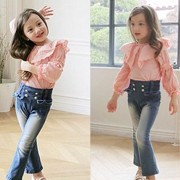 春季新款 中小女童牛仔裤 纽扣磨白牛仔 童裤批发厂家直批