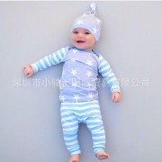 秋款童装欧美纯棉五角星印花+条纹长裤婴儿套装批发