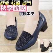2016秋季粗跟真皮女单鞋水钻高跟女妈妈鞋工作鞋休闲软底职业女鞋