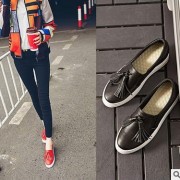 秋季平底松糕乐福女鞋2016单鞋里外全皮流苏休闲鞋小红登山鞋