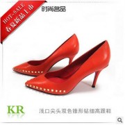 热销爆款浅口双色锥形钻时尚女鞋高跟鞋 纯色套脚尖头女单鞋批发